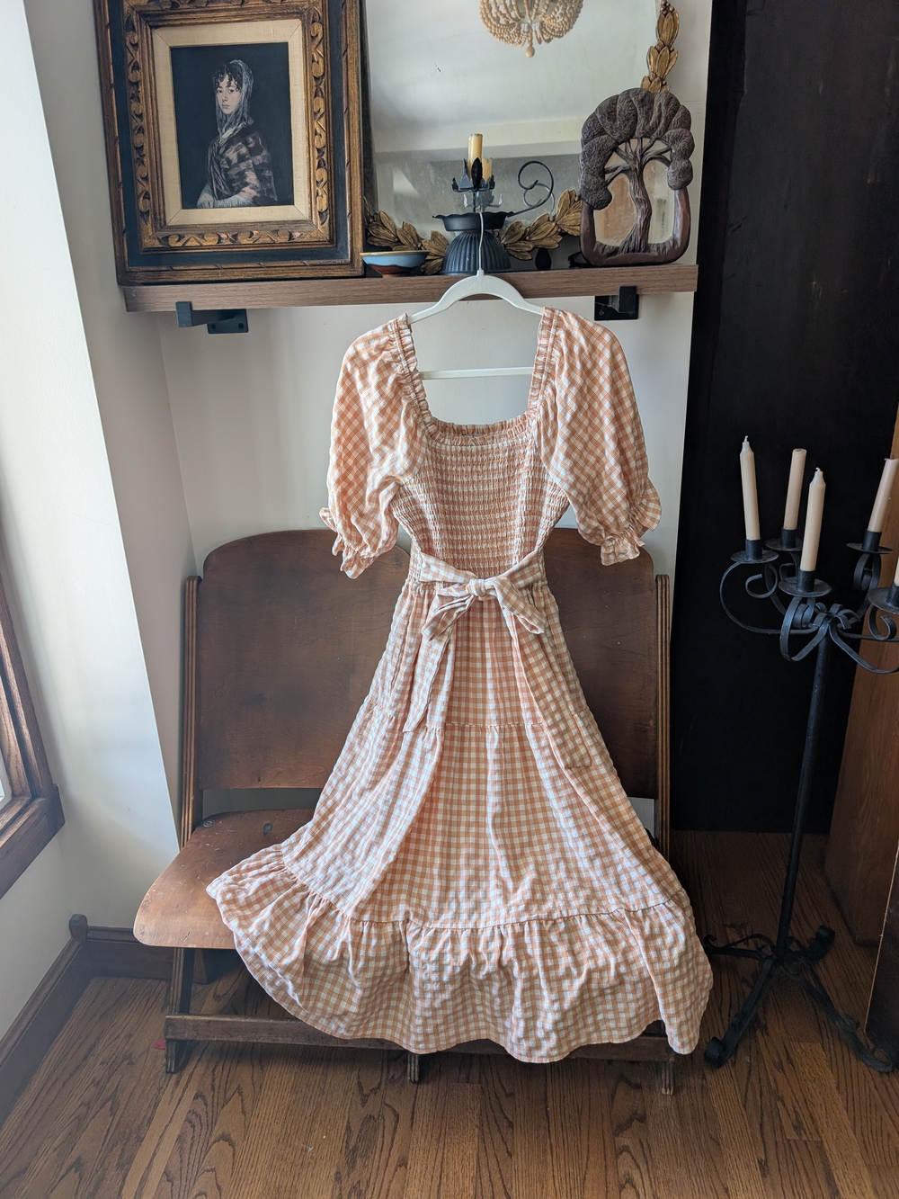 Polagram Peach Gingham Maxi Dress with Puff Sleeves